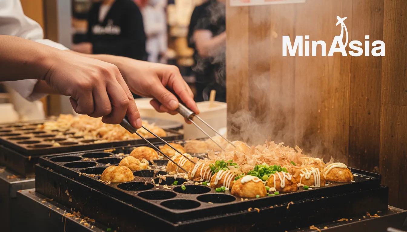 Chef preparando takoyaki fresco em uma barraca de rua em Osaka, Japão. Culinária autêntica.