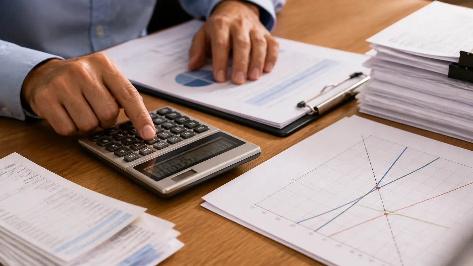 Planilha e calculadora mostrando quanto uma empresa precisa faturar para pagar as contas mensais.