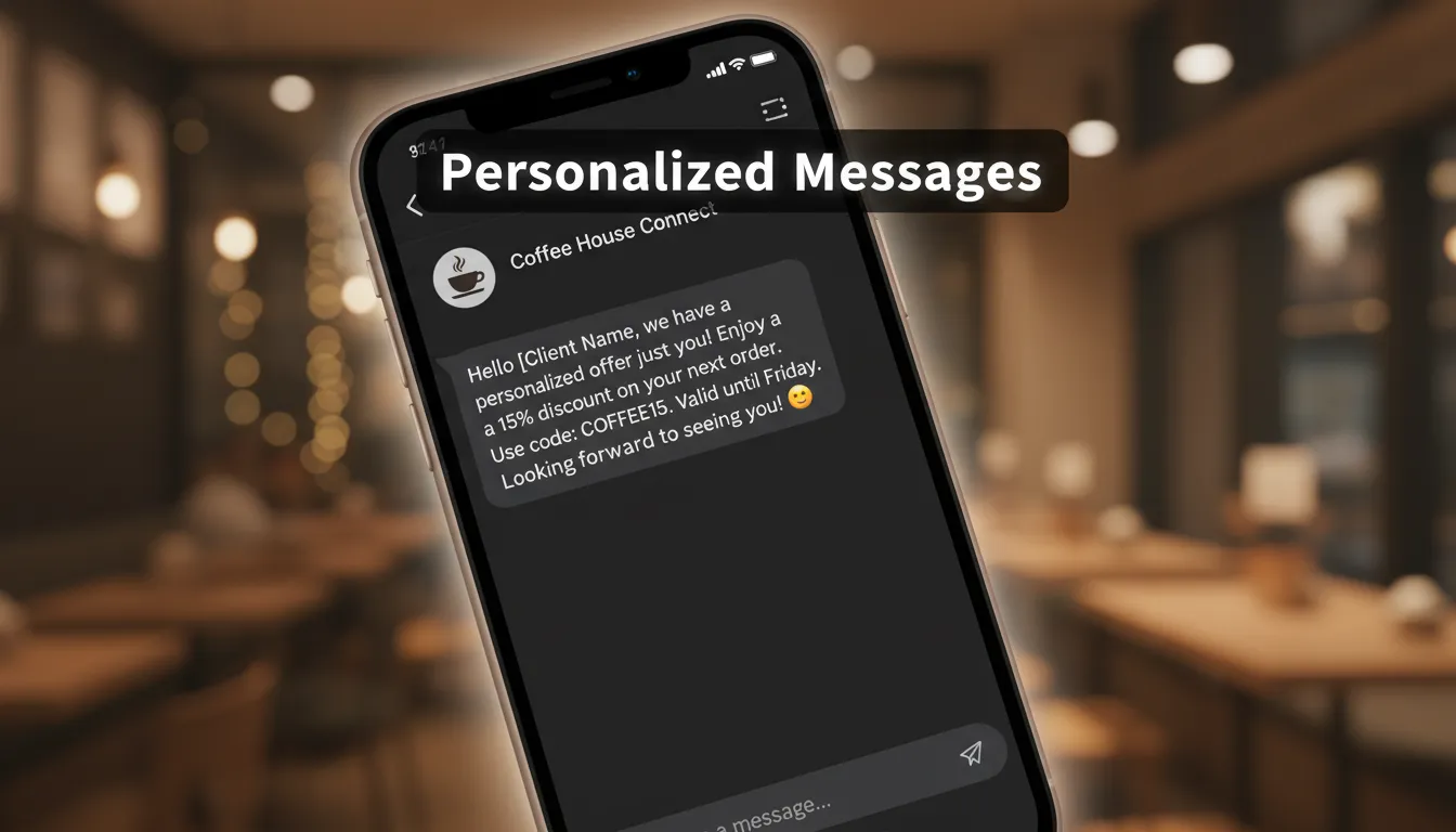 Mensagem personalizada no WhatsApp em um café acolhedor.