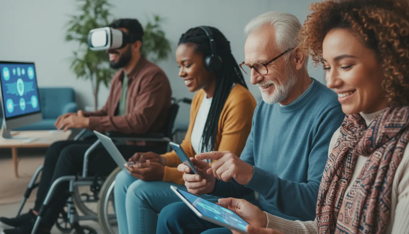 Diversidade de pessoas felizes acessando cuidados de saúde mental online