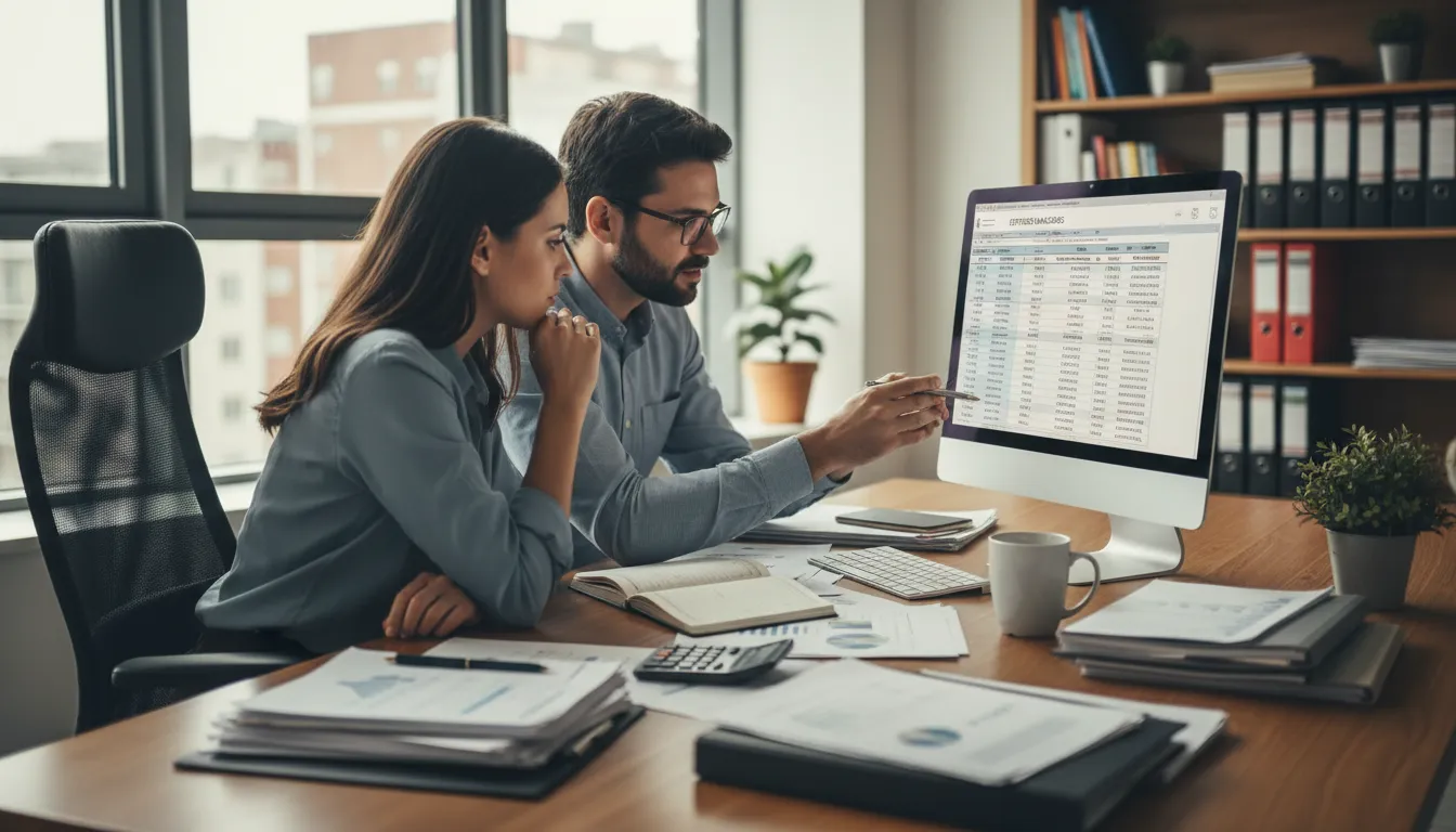 Contador orienta autônomo sobre comprovação de renda para empréstimo em ambiente de escritório bem iluminado.