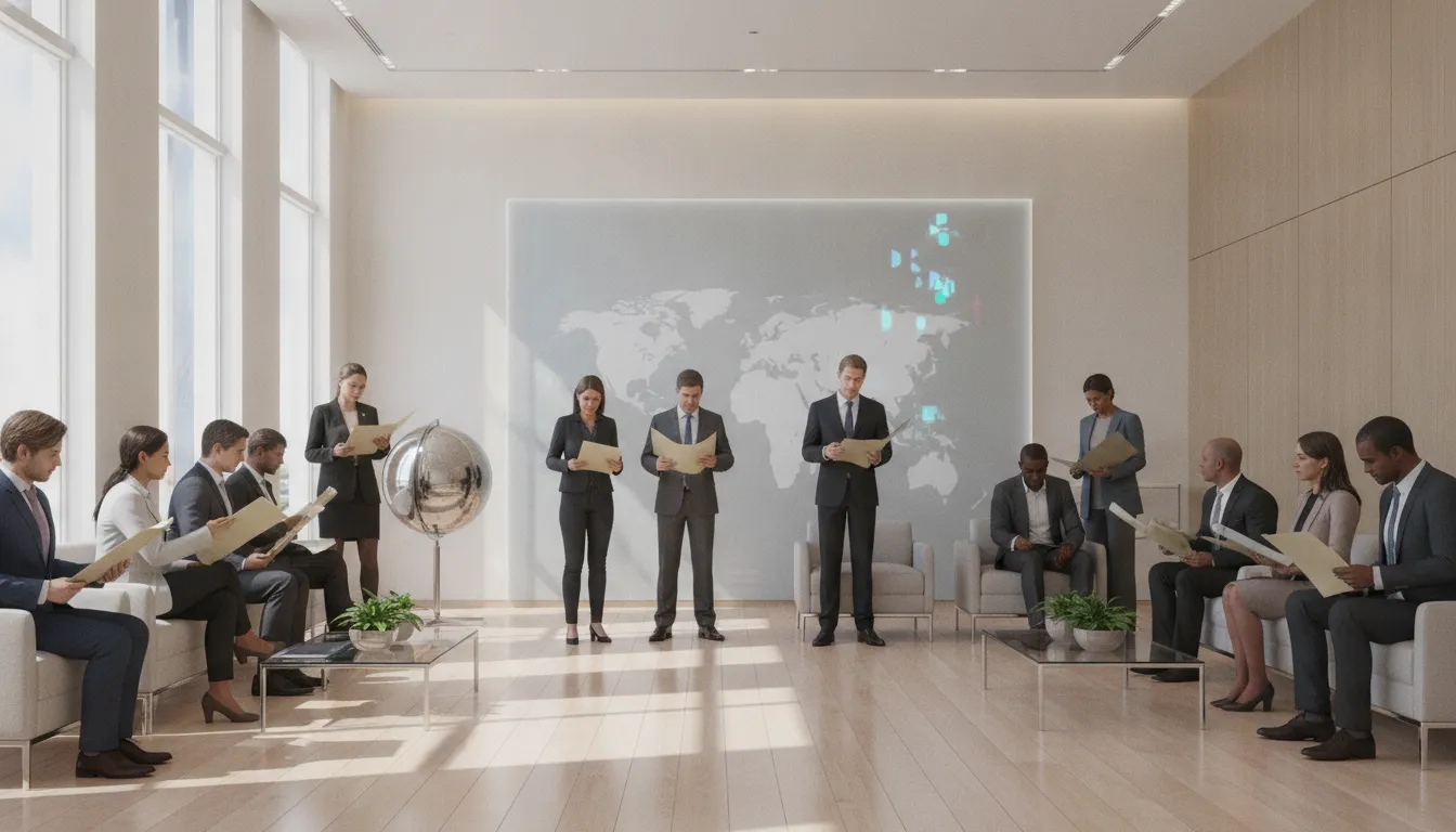 Diverse individuals with documents in a modern office, symbolizing global legal processes for apostilamento de haia.