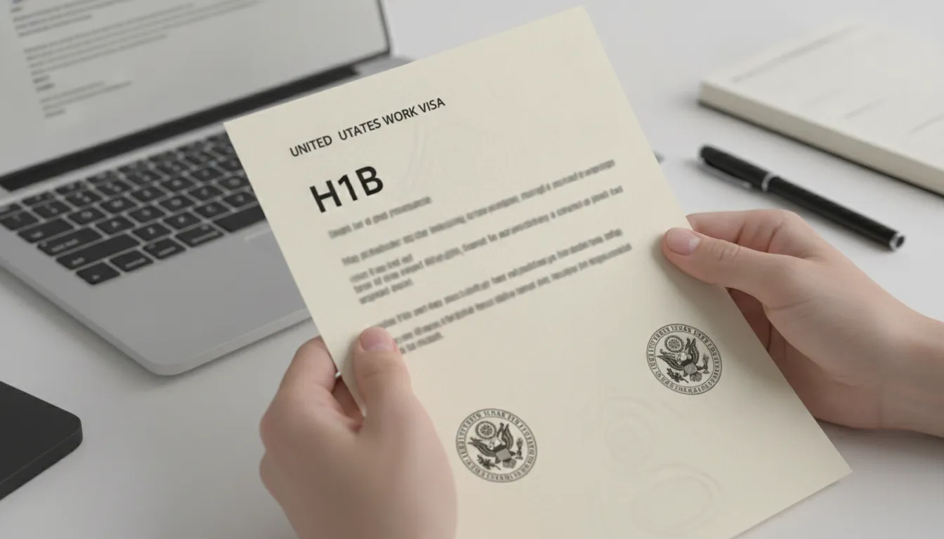Mãos segurando documento de visto H1B para trabalho nos EUA, detalhe oficial e importante.