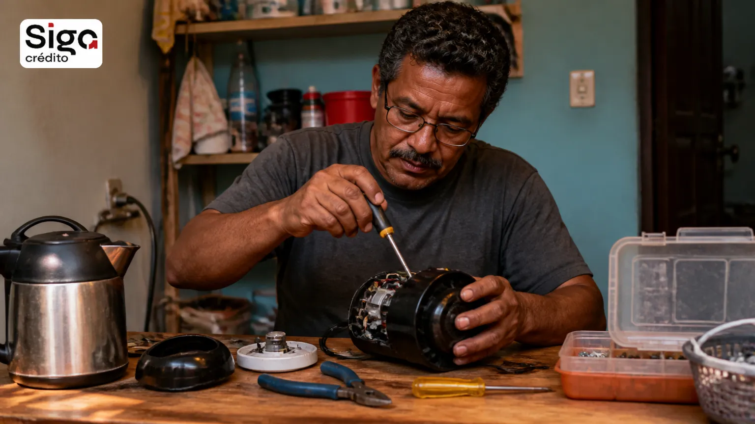 Trabalhador consertando itens em casa para obter renda extra sem alto custo.