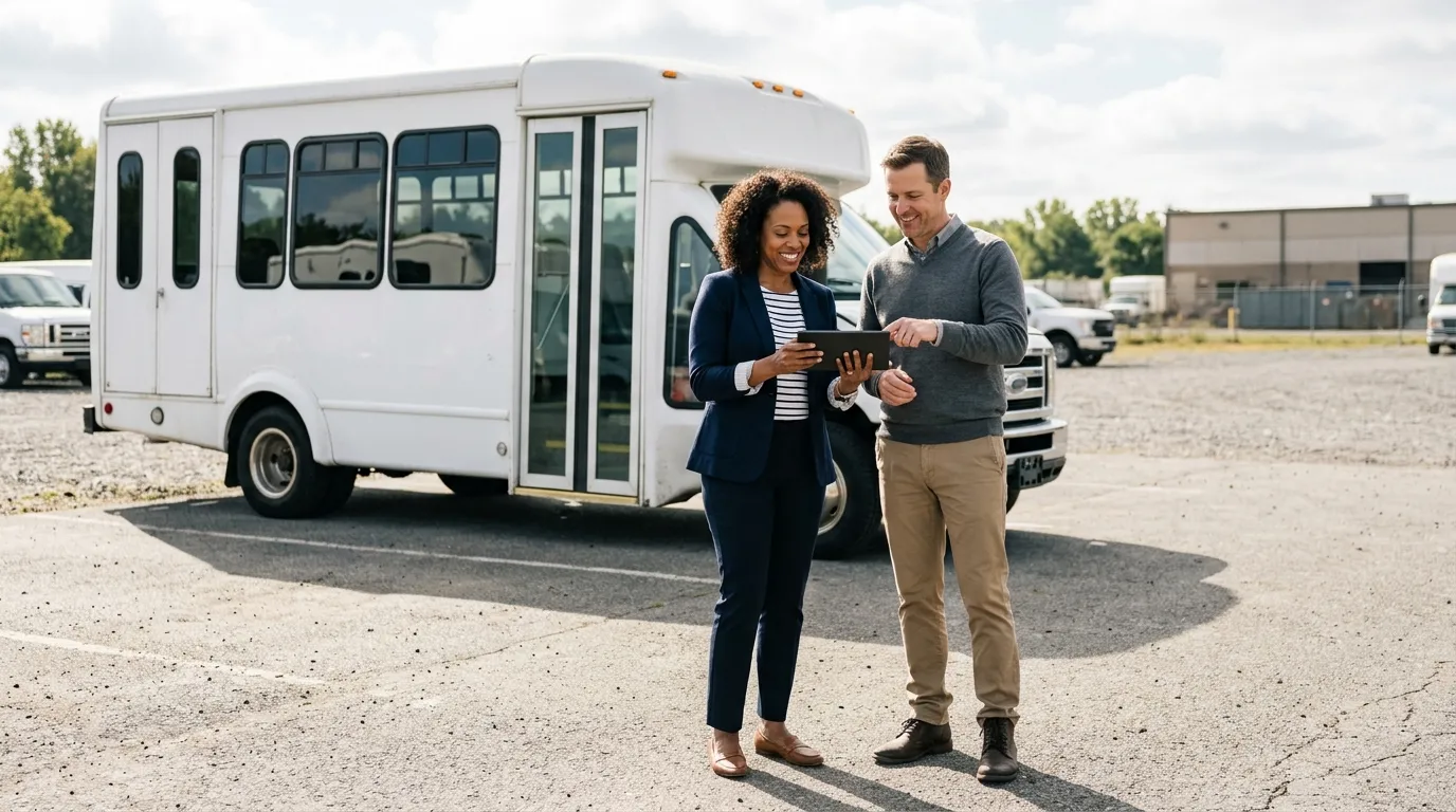Empreendedores analisam veículo para realizar o financiamento de ônibus usado de transporte.