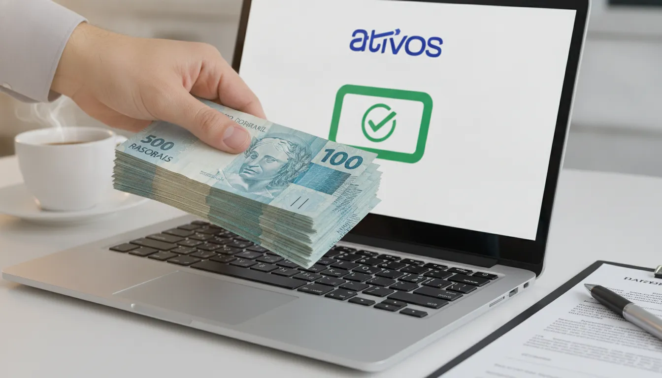 Mão depositando dinheiro em laptop, simbolizando recebimento de precatórios TJPR no Paraná pela Ativos.