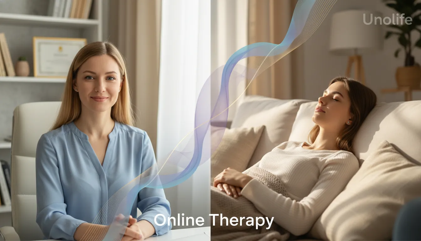 Conexão e cuidado na hipnoterapia online: terapeuta e cliente unidos pela tela da Unolife para promover bem-estar emocional e mental.