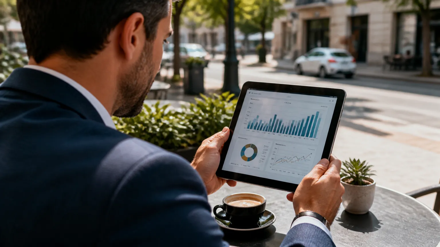 Empreendedor visualizando métricas para acompanhamento de indicação comercial em tablet