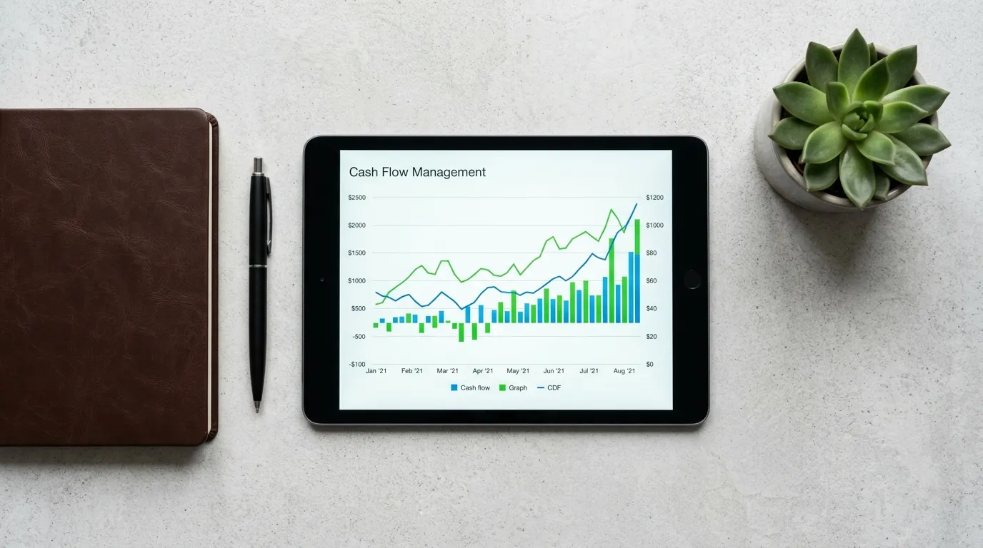 Planejamento estratégico de contas a pagar e a receber exibido em gráfico financeiro no tablet.