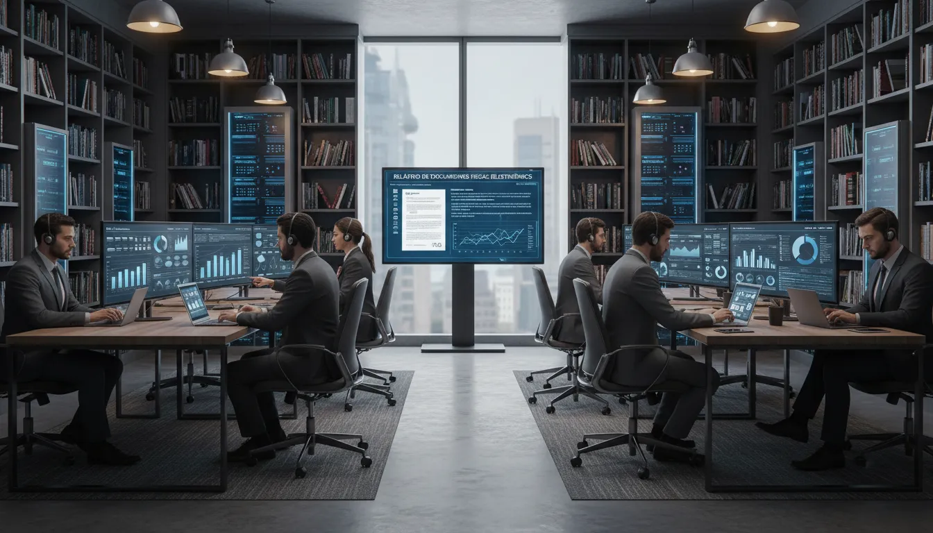 Equipe jurídica conectada a tecnologias digitais em escritório moderno, representando a adaptação ao cenário tributário de 2026.