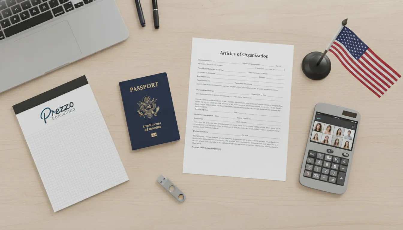 Mesa organizada com passaporte, formulário LLC, calculadora e itens essenciais para abrir una LLC nos EUA.