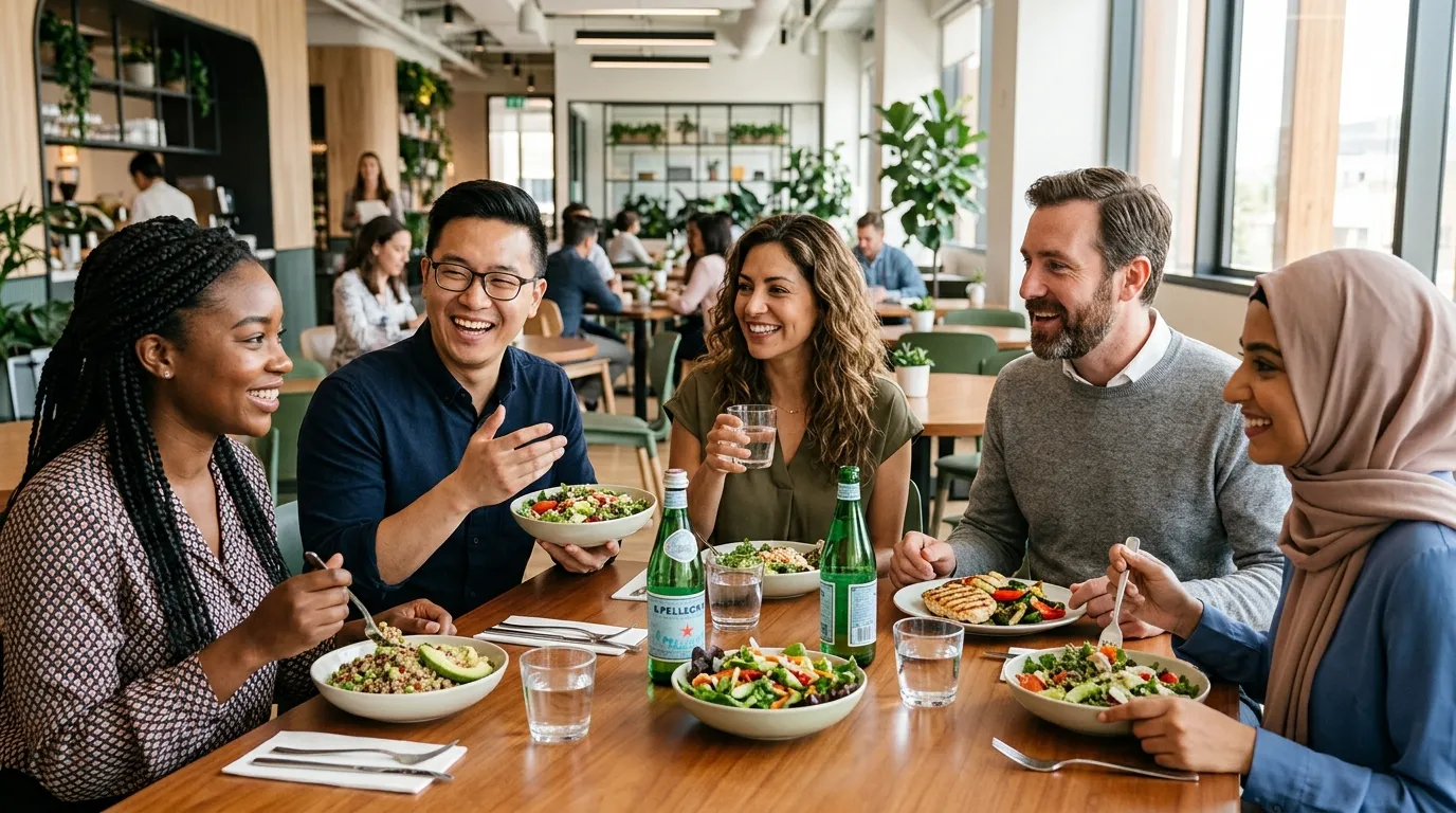 Colaboradores reunidos em refeitório discutindo se vale alimentação é obrigatório na empresa.