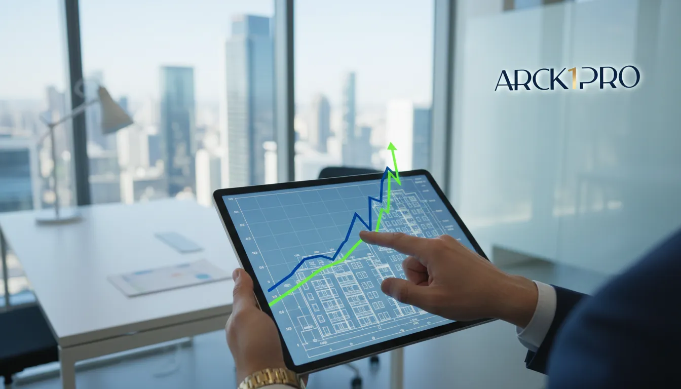 Gráfico financeiro com tendências mercado imobiliário e plantas de apartamentos de luxo em tablet.