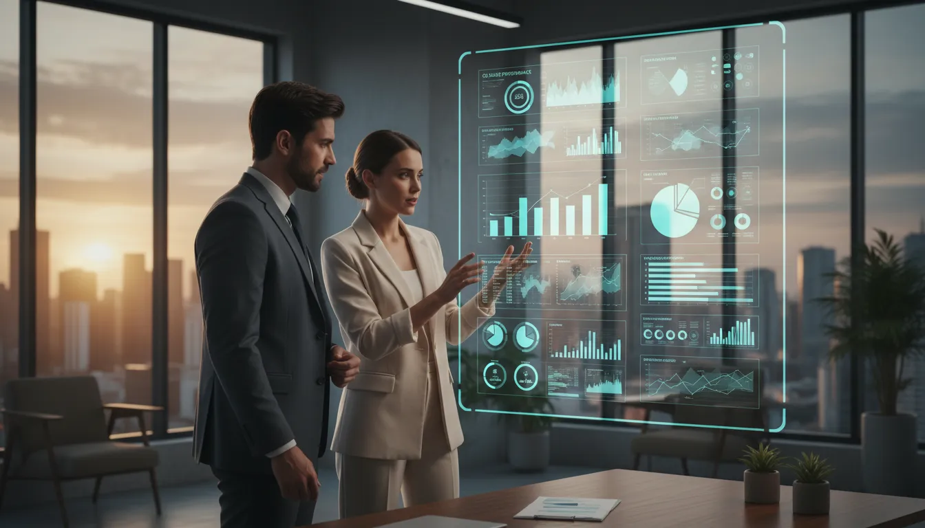 Profissionais observando gráficos de marketing digital em tela transparente em escritório iluminado