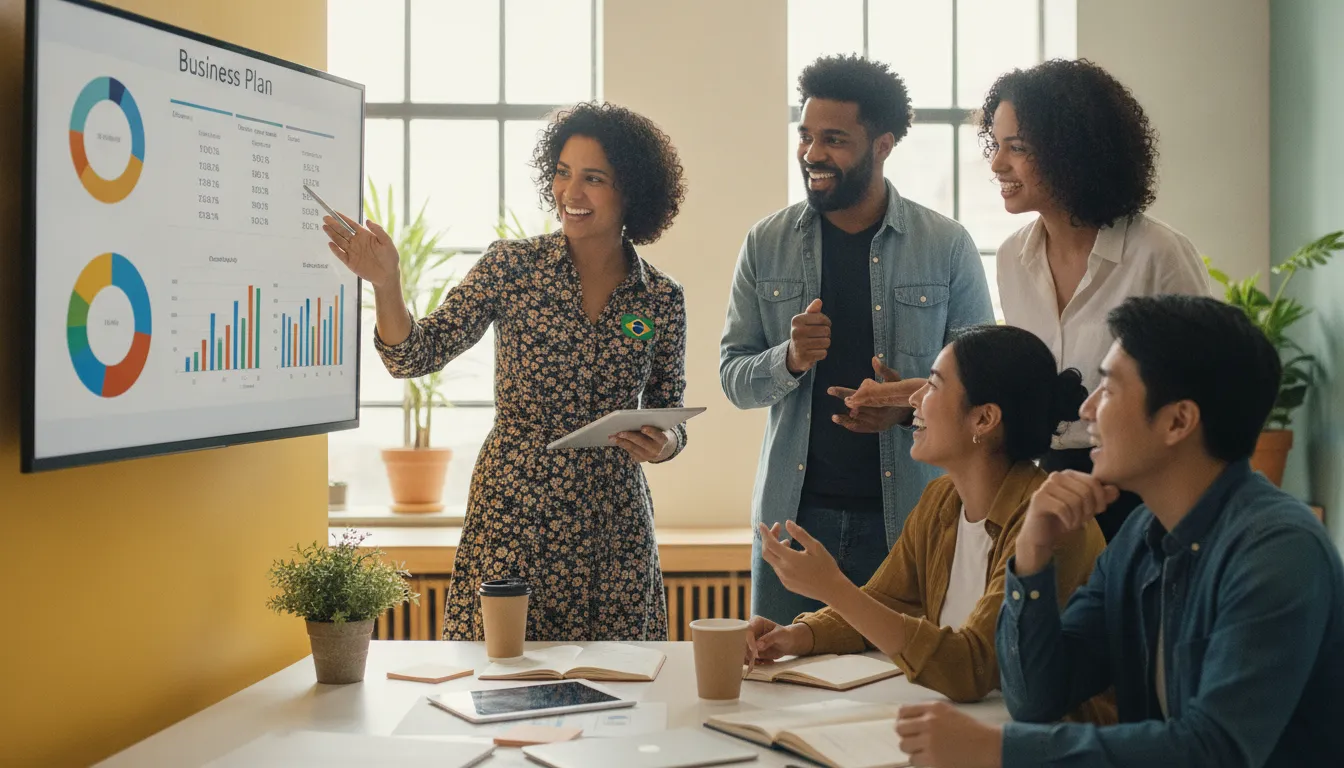 Grupo de empreendedores colaborando, incluindo um brasileiro, evitando erros de brasileiros que abrem empresa nos EUA. Sucesso.