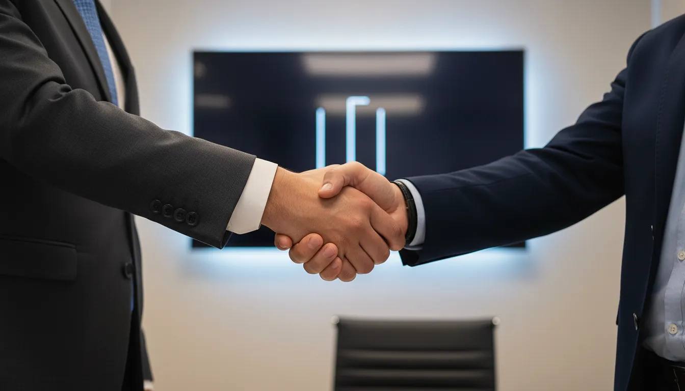 Aperto de mãos entre advogado e empresário simbolizando a parceria e suporte da assessoria jurídica trabalhista empresarial.