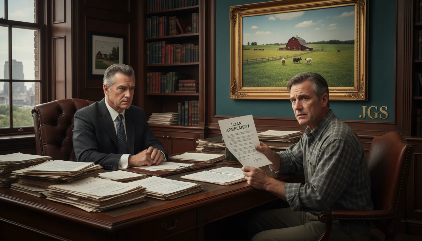 Um agricultor preocupado em frente a um banqueiro em seu escritório, simbolizando a necessidade de revisão de contrato rural CNPJ. JGS Advogados em destaque.