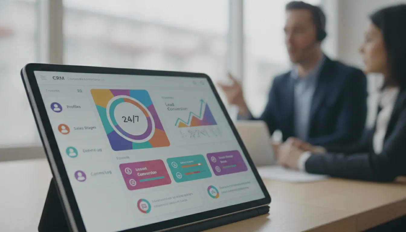 Interface CRM automatizado gerencia leads 24 horas, integrando vendas híbridas e comunicação eficiente.