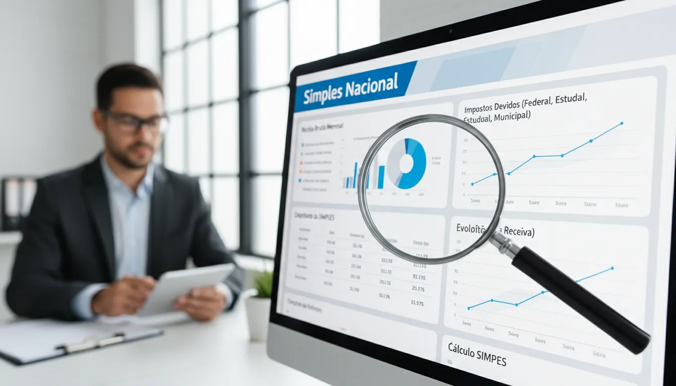 Painel digital de contabilidade indicando o que é fator R e demonstrando dados financeiros do Simples Nacional, refletindo a expertise da Prezzo Contábil.