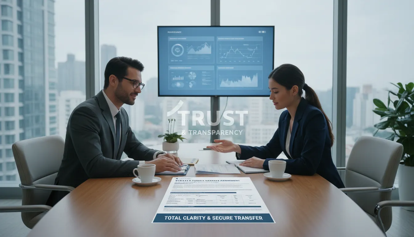 Asesor financiero analizando documentos de transferencia internacional con cliente en oficina moderna.