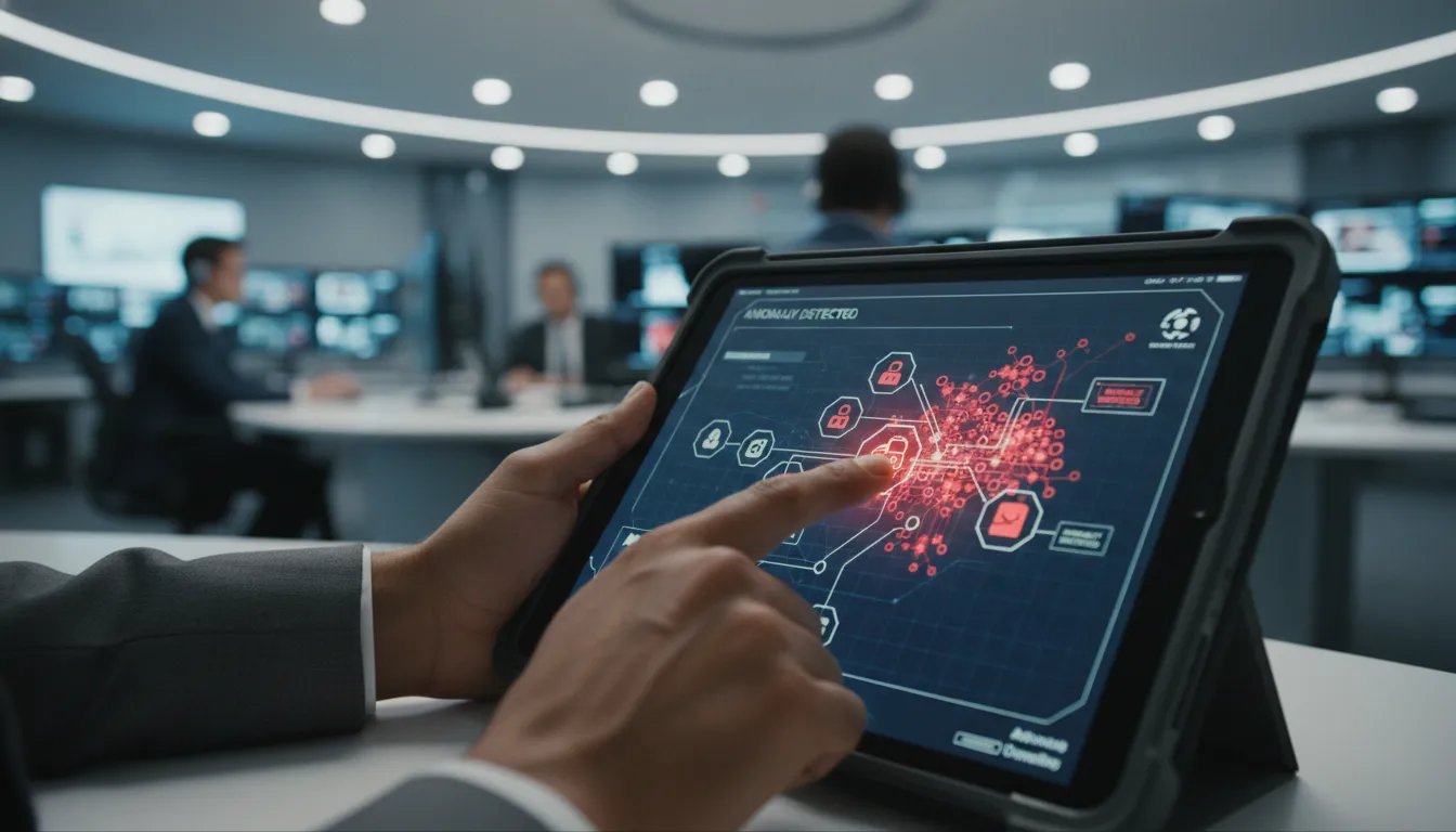 Mãos profissionais analisam alertas em tablet, identificando atividade suspeita e um possível vazamento de dados.