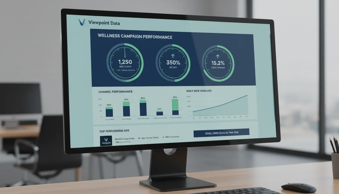 Dashboard digital mostrando KPIs de campanha de marketing wellness, enfatizando resultados e listas de emails eficientes.