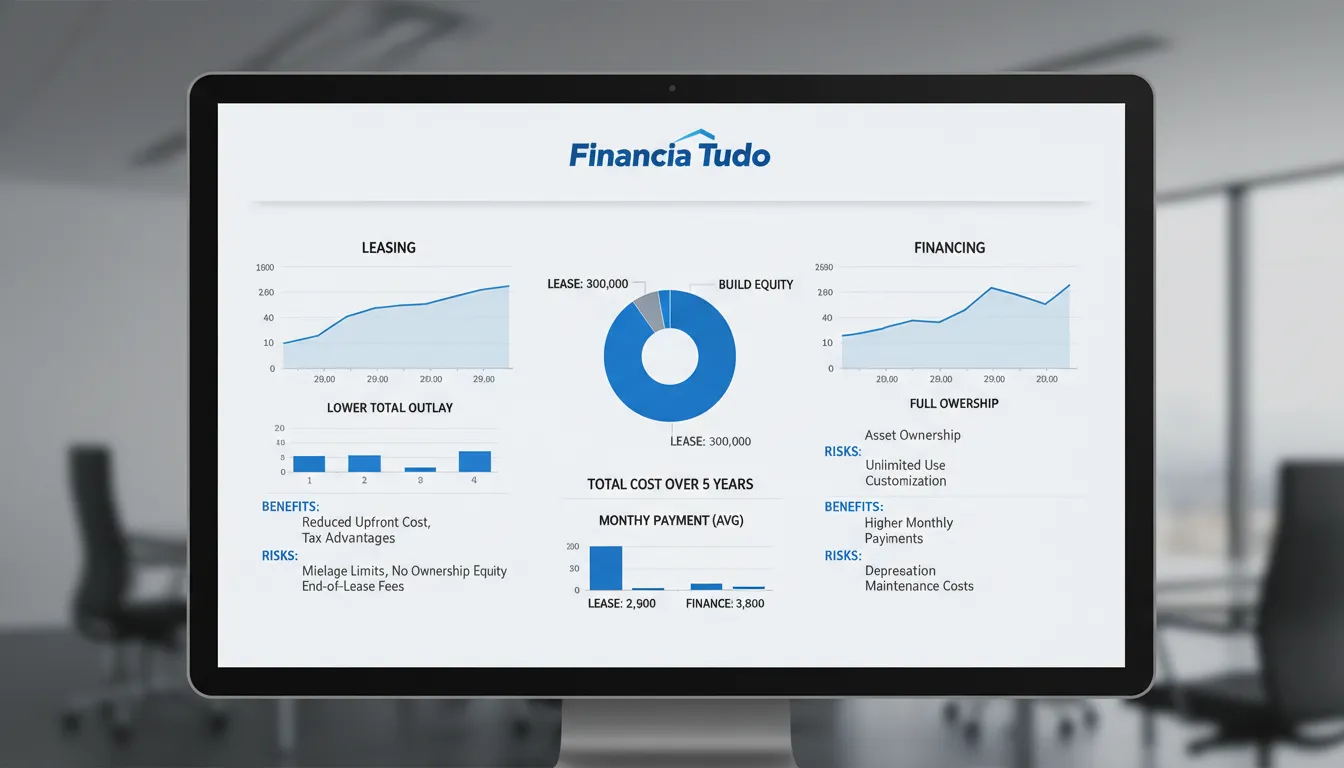 Interface digital comparando opções de leasing e financiamento de caminhões, com gráficos e o logo da Financia Tudo. Faça uma escolha informada.