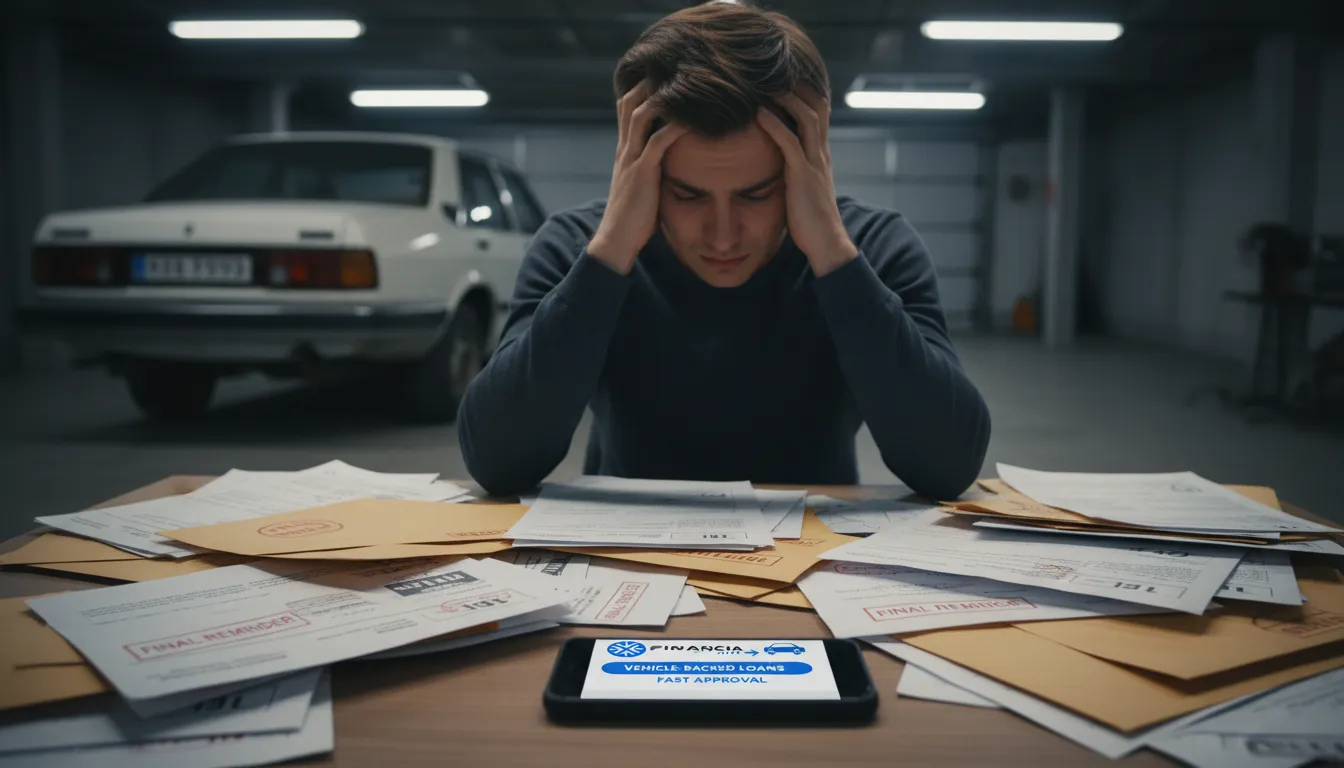 Homem preocupado com dívidas considera o crédito com garantia de veículo como solução. Celular mostra site da Financia Tudo.