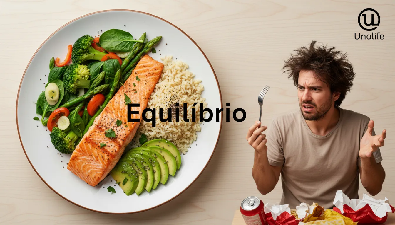 Imagem de uma refeição equilibrada, preparada por um nutricionista, contrastando com uma pessoa frustrada, destacando a importância do acompanhamento profissional no emagrecimento rápido.