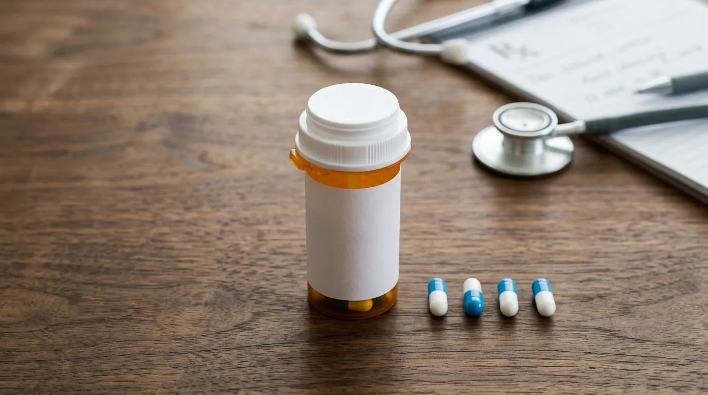 Frasco de medicamentos para ansiedade e depressão sob supervisão médica profissional.