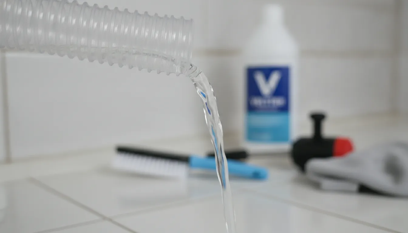 Dreno de ar condicionado limpo com água fluindo, mostrando eficácia da manutenção Veltter.