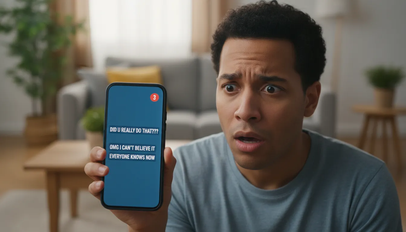 Pessoa recebe mensagens ofensivas no celular, simbolizando o impacto da difamação e injúria nas redes sociais.