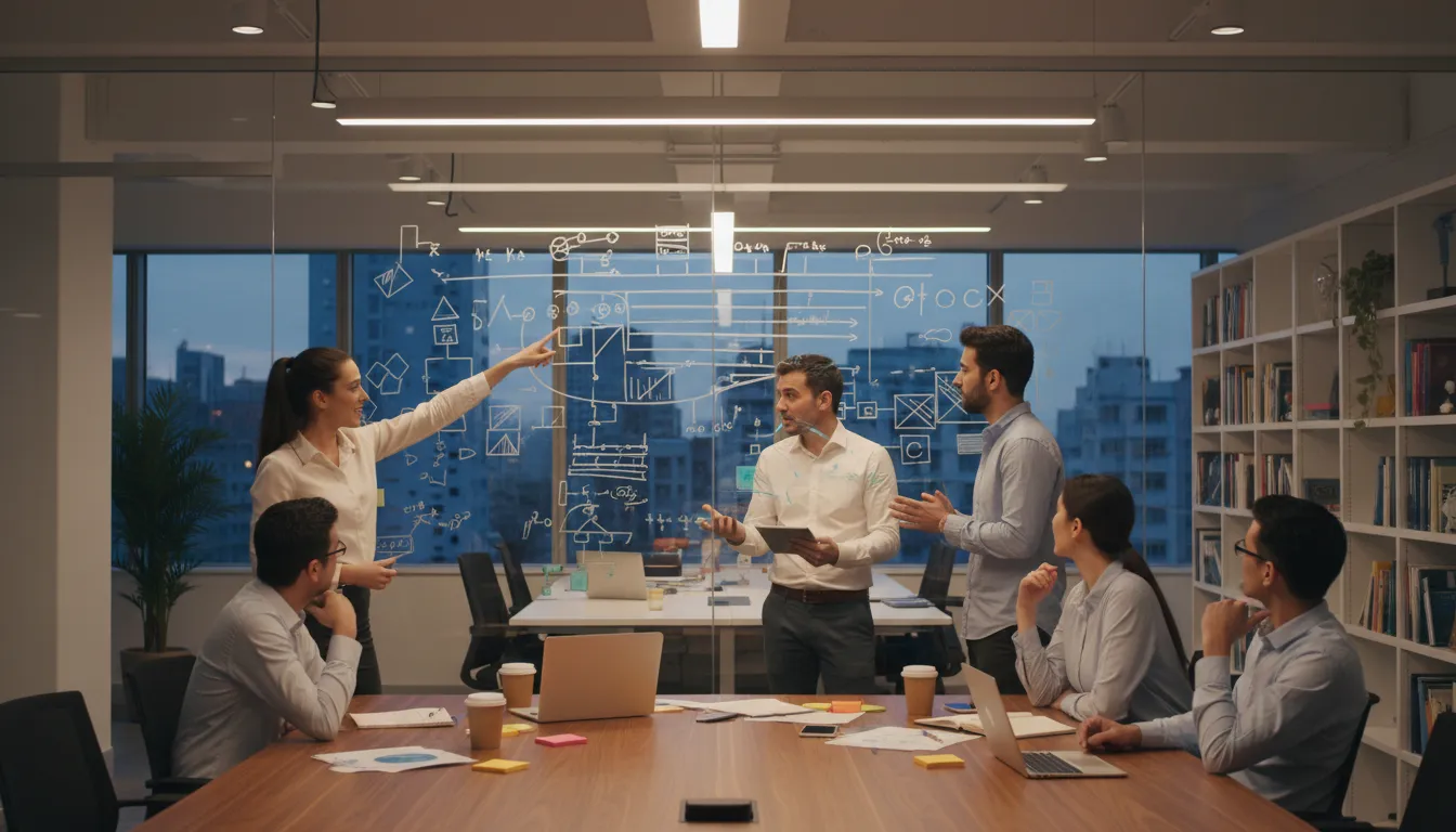 Imagem fotorrealista de pesquisadores colaborando em uma sessão de brainstorming em um escritório moderno, com foco em **pesquisas** e soluções inovadoras.