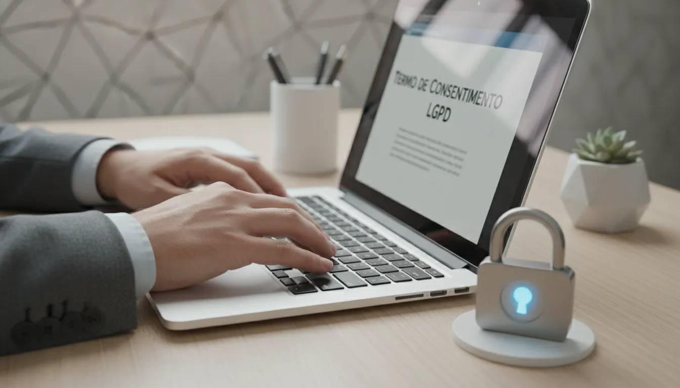 Mãos digitam termo de consentimento LGPD em laptop, com cadeado digital simbolizando a segurança da informação.