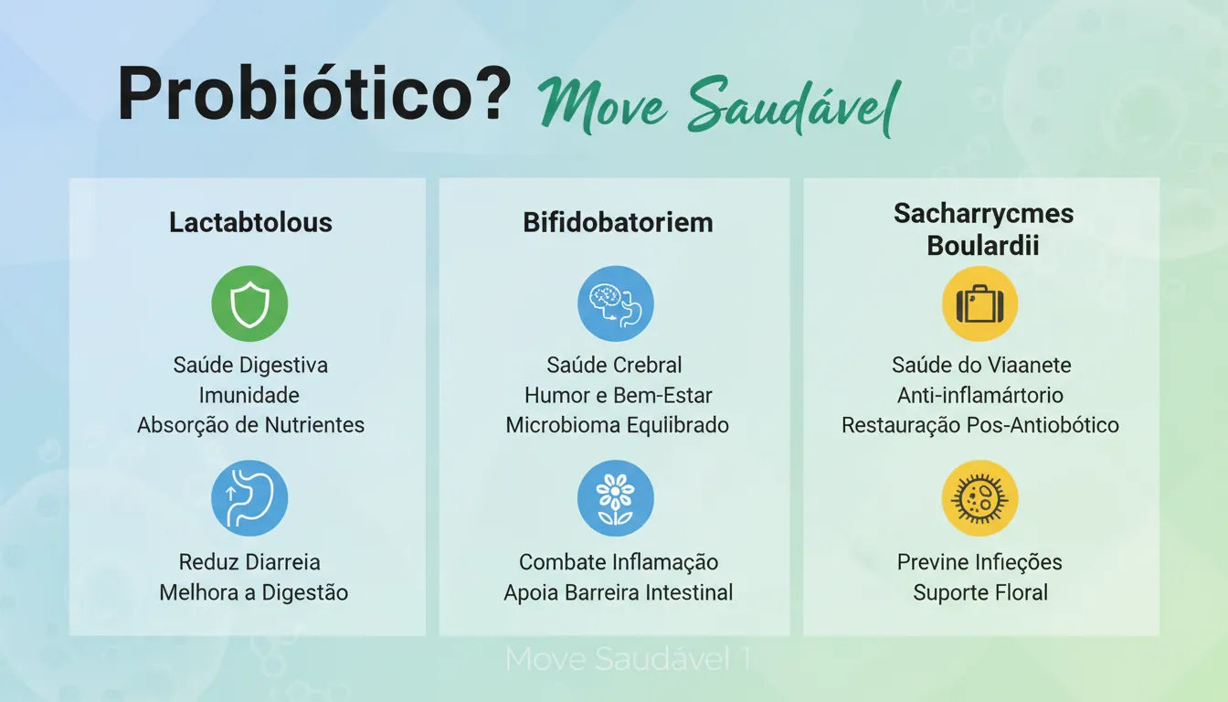 Infográfico comparando os benefícios de probióticos para a saúde intestinal. Saiba se o probiótico funciona e quando ele pode ser um aliado na sua rotina.