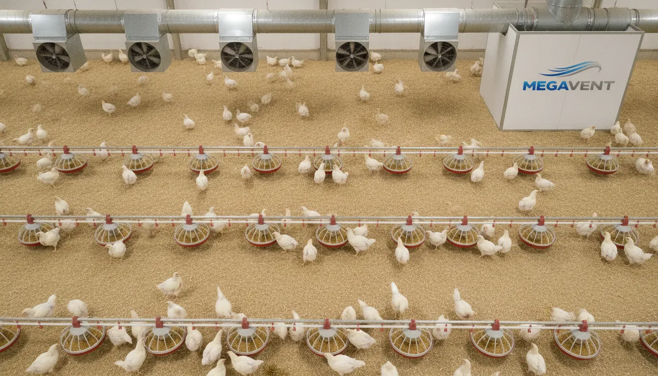 Vista aérea de aviário com ventilação para aviário otimizada, garantindo bem-estar e uniformidade das aves.