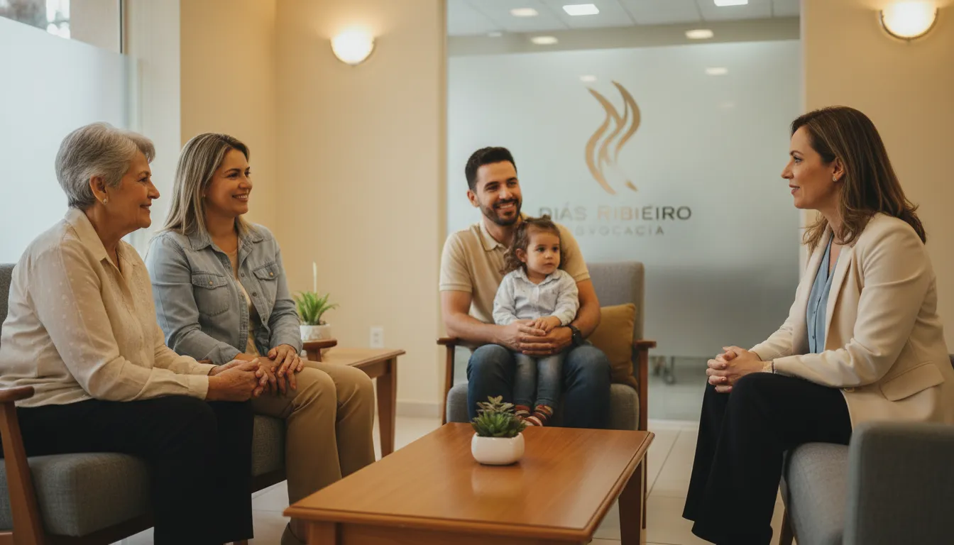 Advogado em Itapema acolhendo clientes com problemas de plano de saúde em ambiente confortável e profissional.