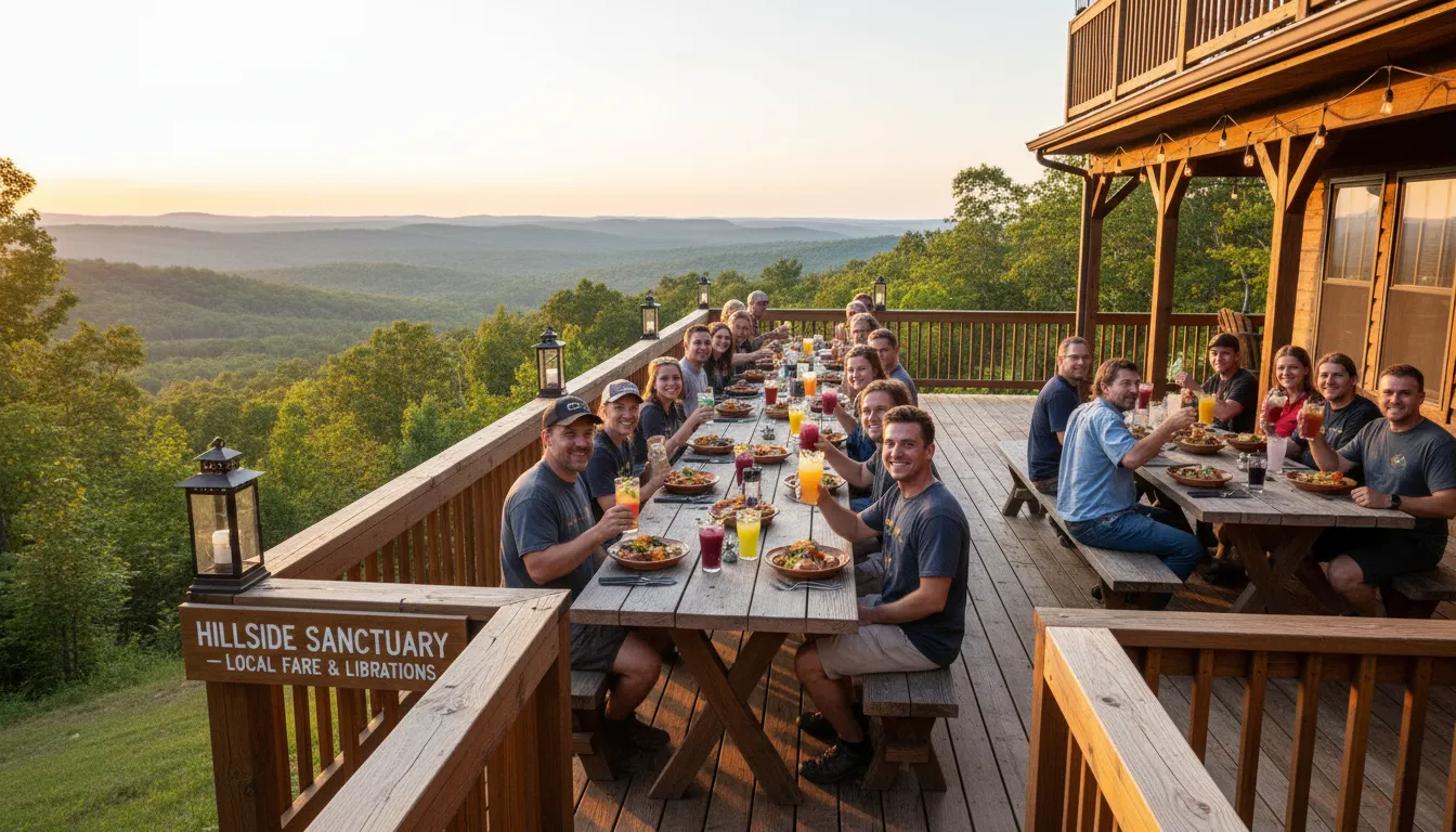 Hóspedes sorrindo em deck panorâmico de cabana rural apreciando comida local com mata ao fundo