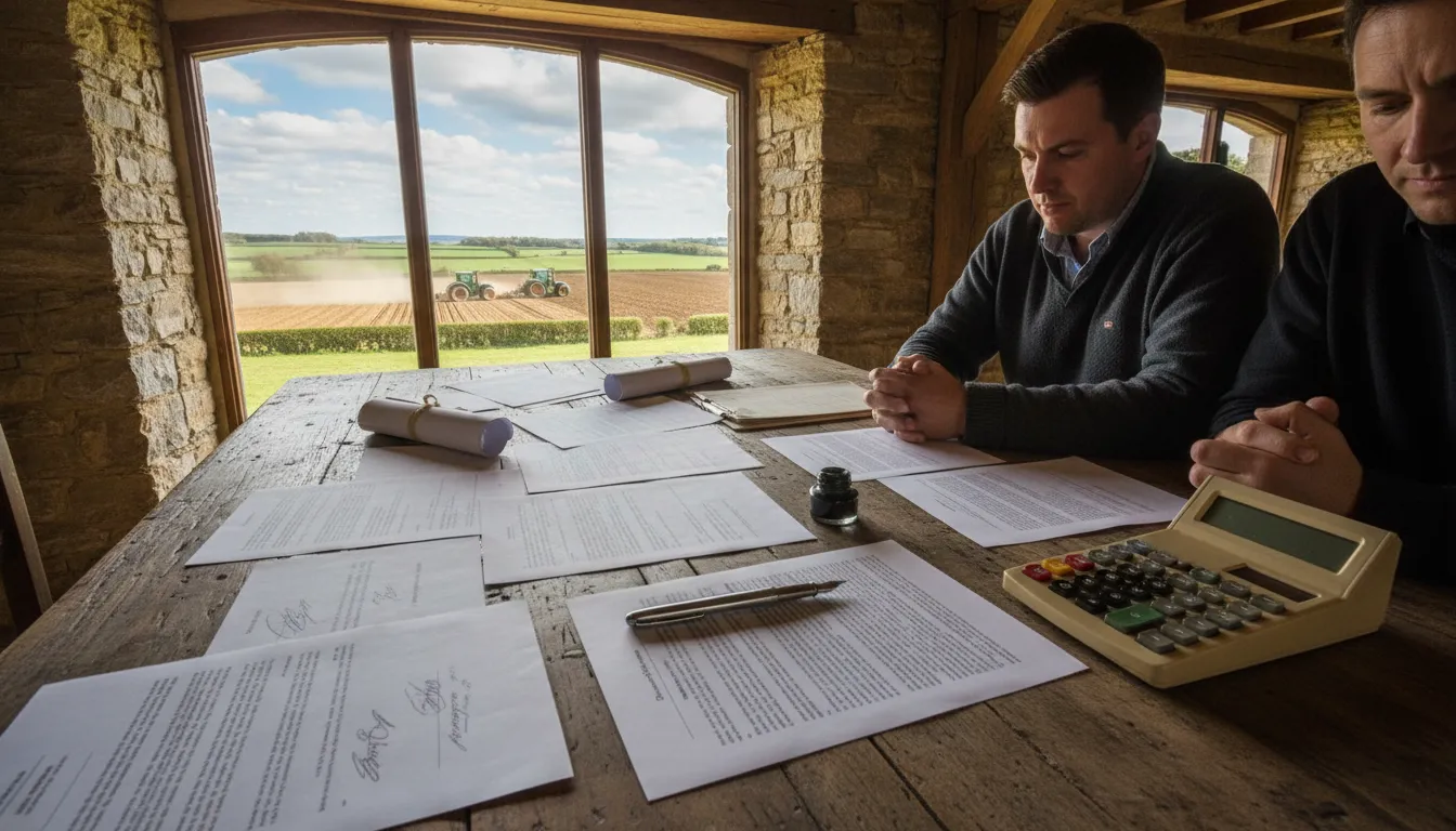 Duas pessoas analisam documentos de arrendamento rural com lavoura ao fundo, representando análise detalhada de contrato.