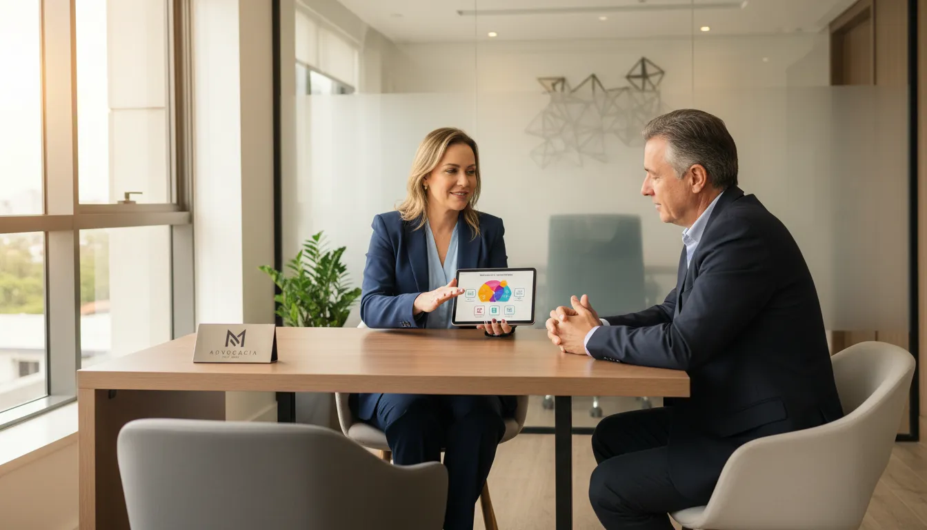 Advogada da Marquesini Advocacia explicando programas de parcelamento de divida fiscal para um cliente, oferecendo expertise jurídica.
