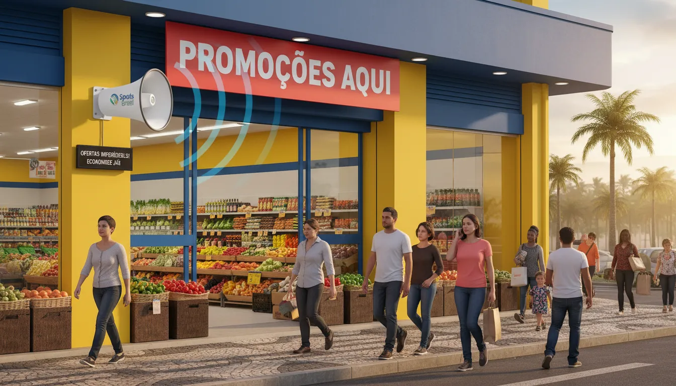 Loja com alto-falante anunciando ofertas, demonstrando o poder de uma vinheta para DJ impactante na promoção de vendas no varejo.