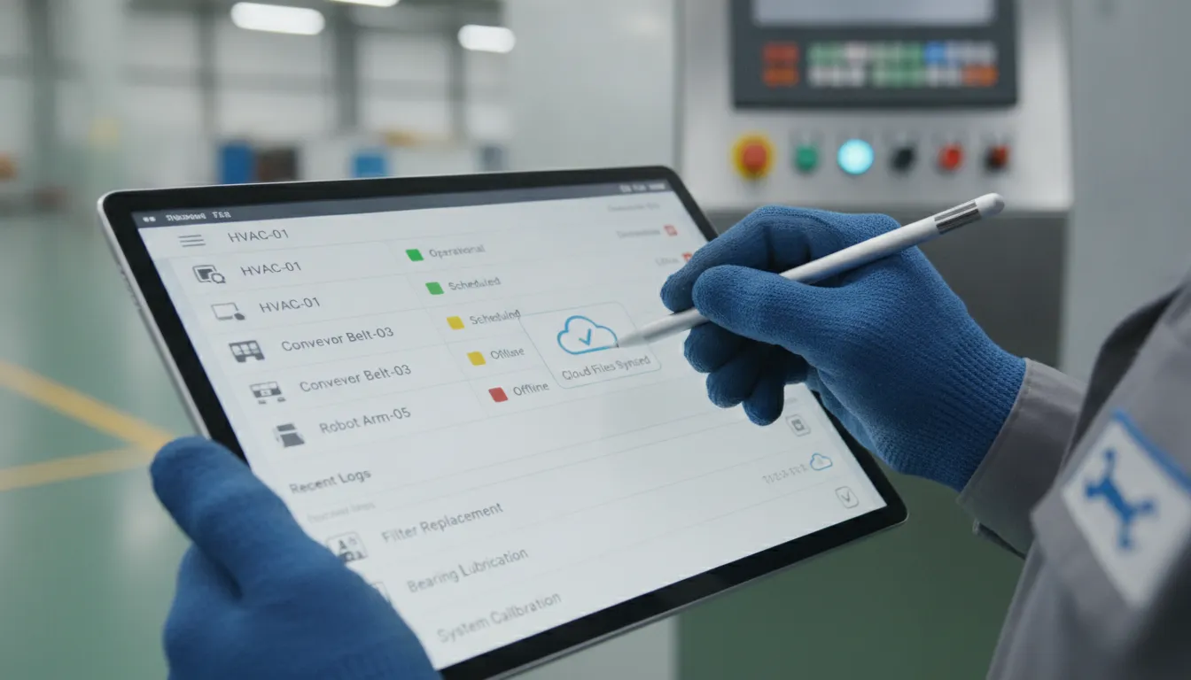 Técnico acessa dados de manutenção e compartilhamento de arquivos em nuvem em tablet no local de trabalho.