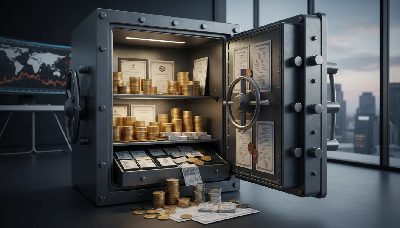 Cofre fotorrealista aberto com moedas e documentos, representando proteção de ativos offshore.