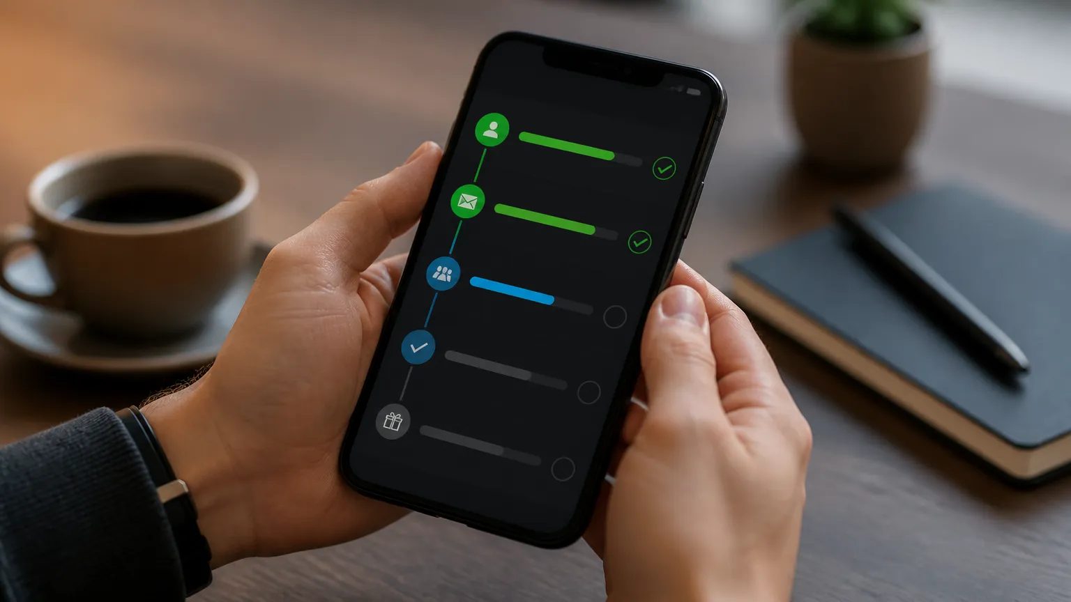 Status do acompanhamento de indicação comercial exibido em tela de smartphone moderno