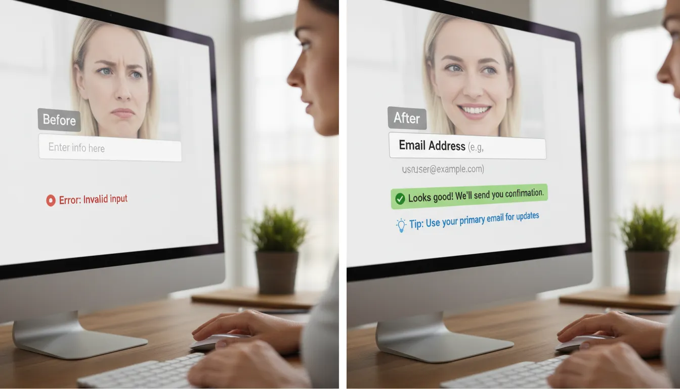 Microcopy que Converte: Textos Curtos para Formulários, Campos e Erros 1 Comparação de campo de formulário: microcopy confuso ao lado de texto claro e amigável, com reação positiva do usuário.