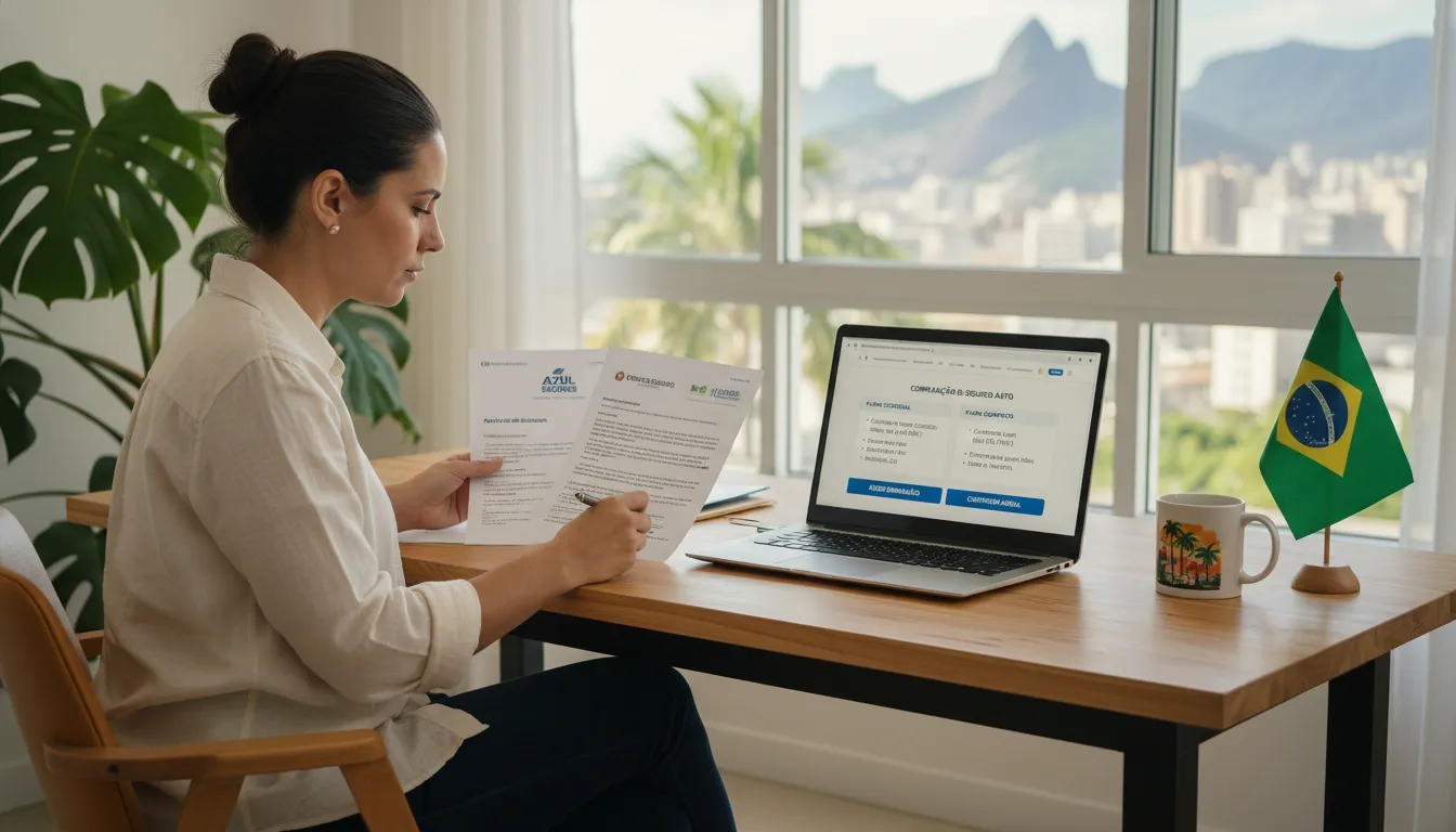 Pessoa analisando apólices de seguro auto em ambiente doméstico, destacando comparação de opções detalhadas.