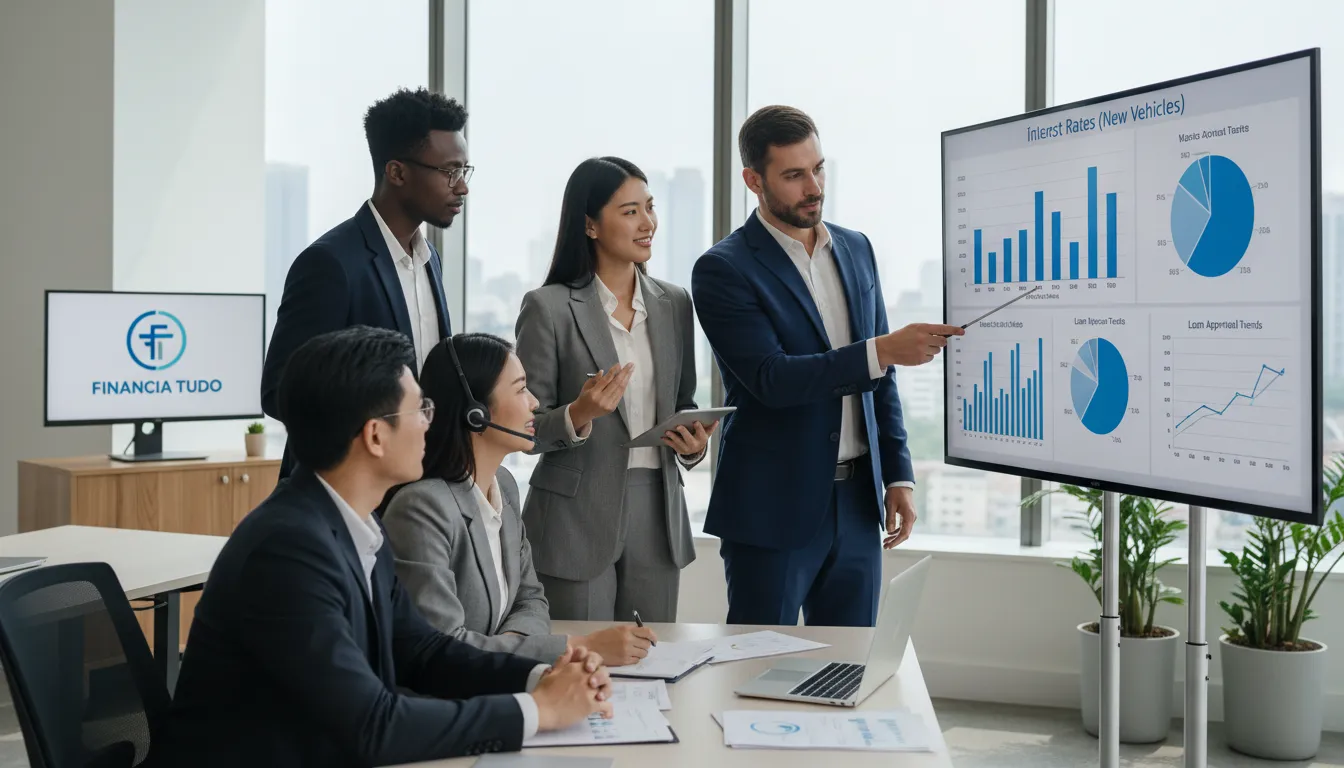 Grupo diversificado de profissionais analisando gráficos financeiros sobre financiamento de vans em um escritório moderno. O logo da Financia Tudo está sutilmente exibido ao fundo.
