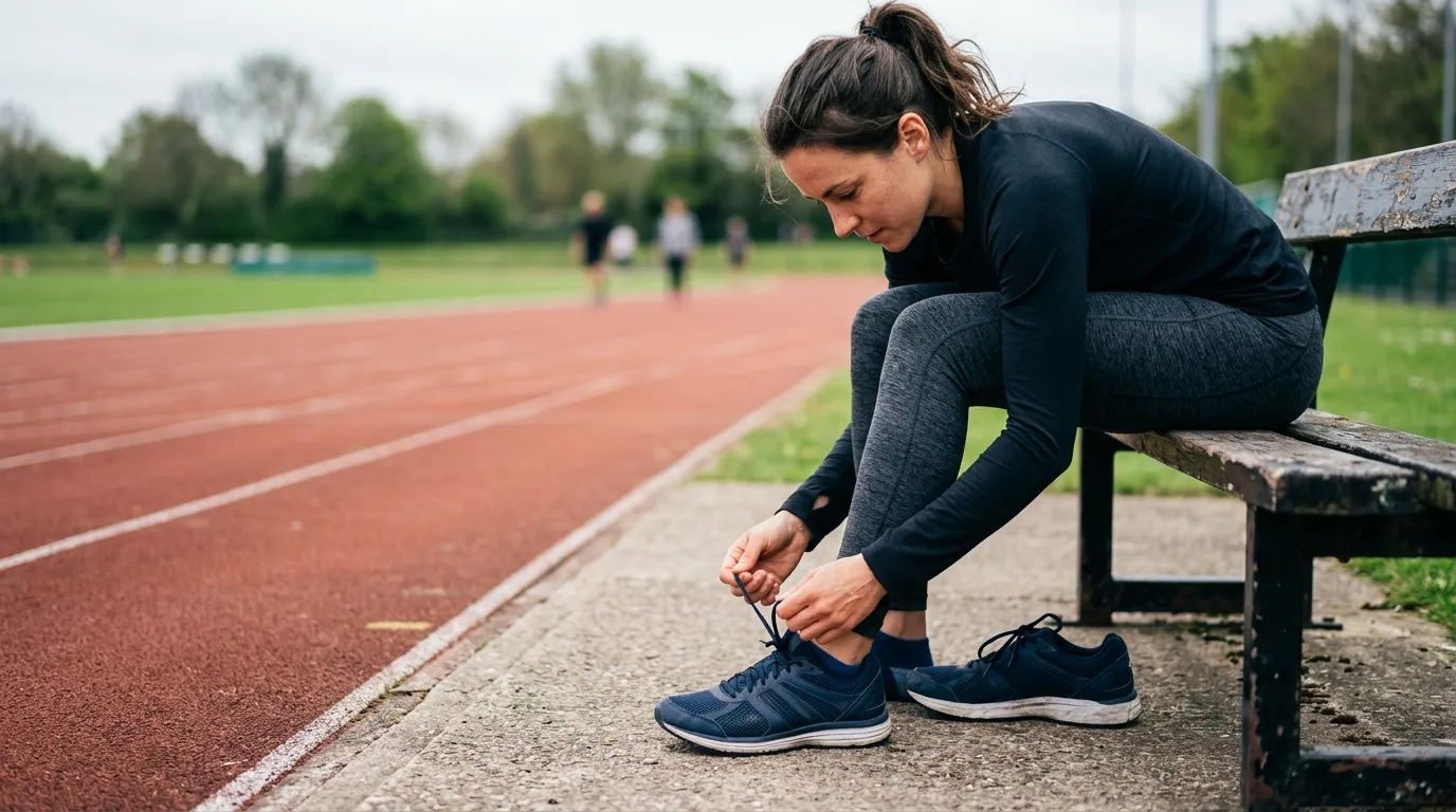 Pessoa calçando tênis de corrida focando em esporte e saúde mental.