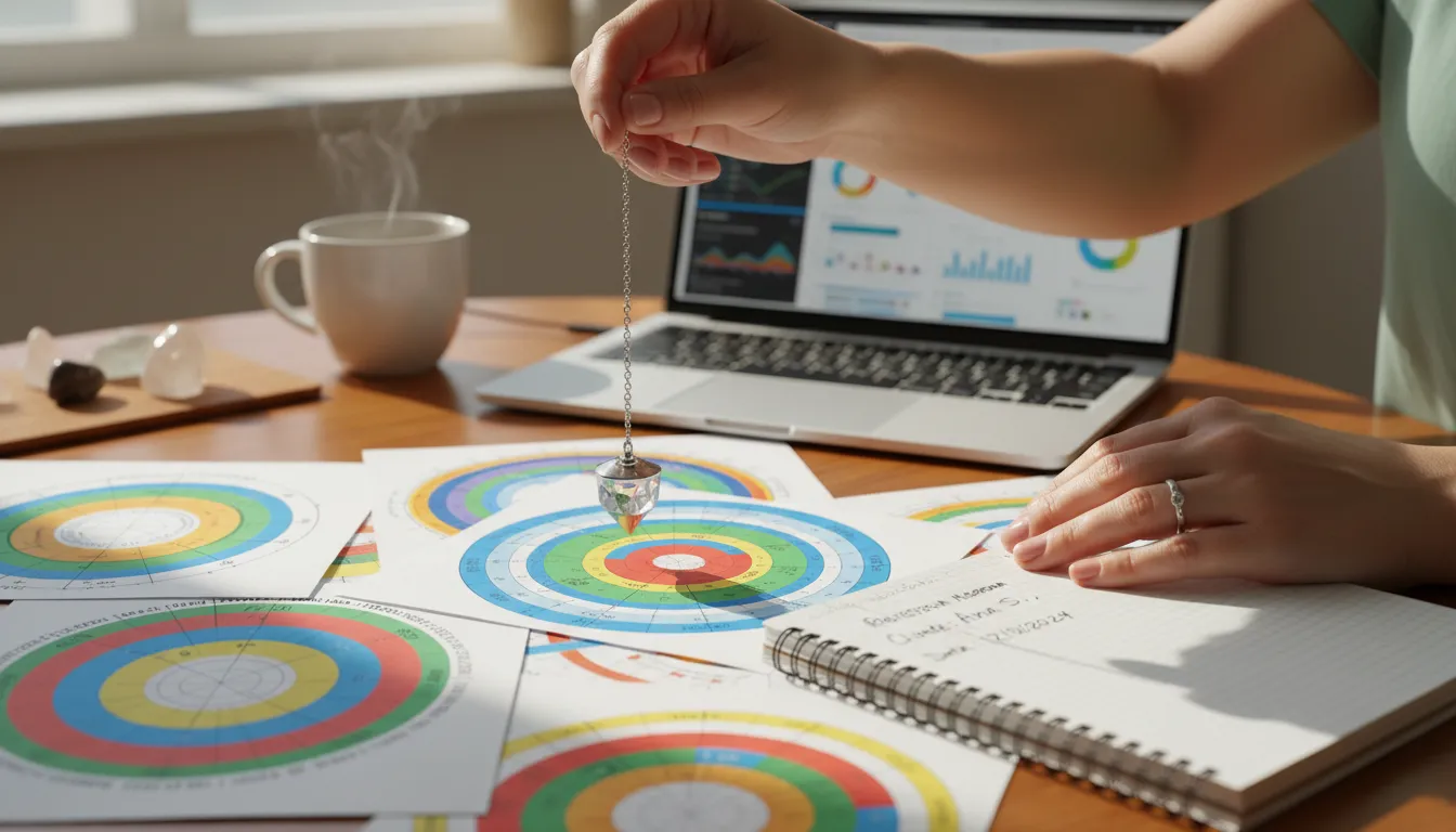 Mãos seguram pêndulo sobre gráficos radiônicos, representando prática moderna da radiestesia online