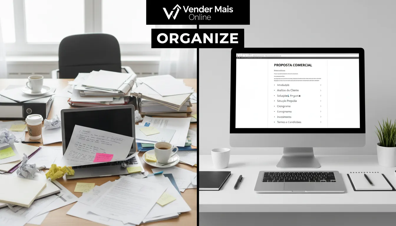 Tela dividida mostrando a importância de uma proposta comercial organizada para aumentar o fechamento. Representa um escopo bem definido para otimizar o processo.